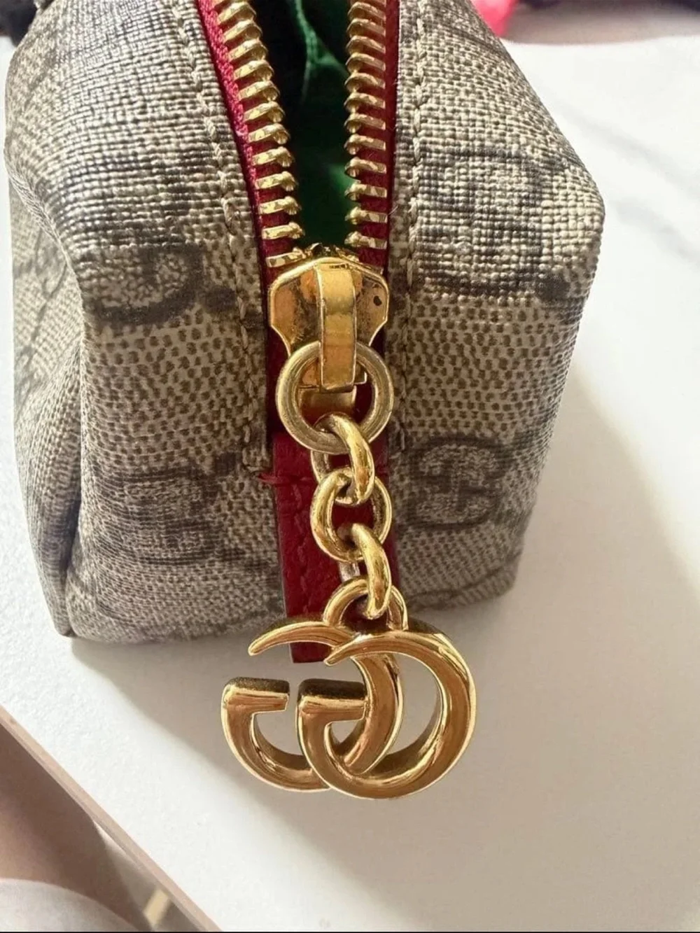 Gucci Beige GG Canvas Cosmetic Pouch with Red Trim and Gold Hardware